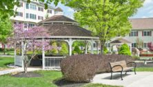 A gazebo and the outside of the retirement community,