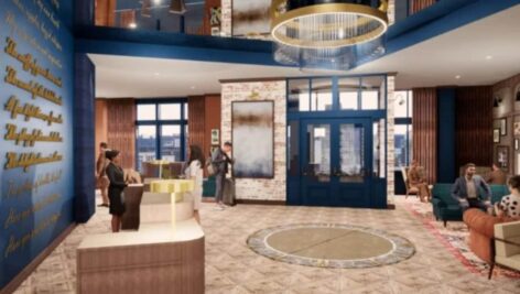 Rendering of the lobby for Hotel Indigo West Chester.