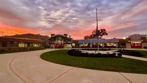 The front exterior entrance to Penncrest High School in Rose Tree Media School District.