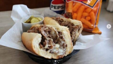 A cheesesteaks with cheese curls from The Original Thunderbird Steakhouse in Broomall.