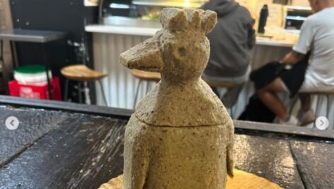 Jake Heller's scrapple sculpture of a chicken vase with a removeable head was the winner of the Reading Terminal's inaugural scrapple sculpting contest.