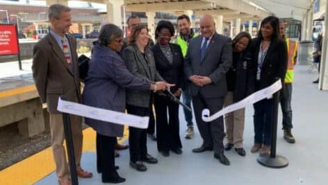 Officials cut the ribbon to celebrate upgrades to the Philadelphia International Airport regional rail platform.