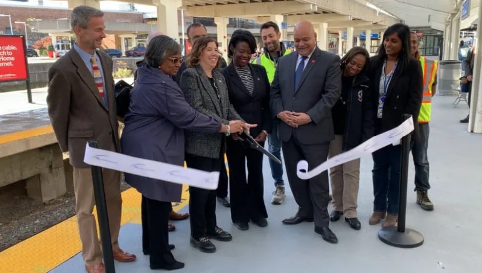 Officials cut the ribbon to celebrate upgrades to the Philadelphia International Airport regional rail platform.