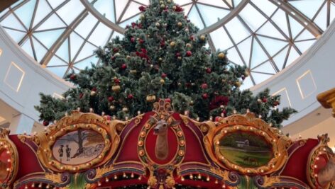 The giant Christmas tree and carousel decorations at the King of Prussia Mall.