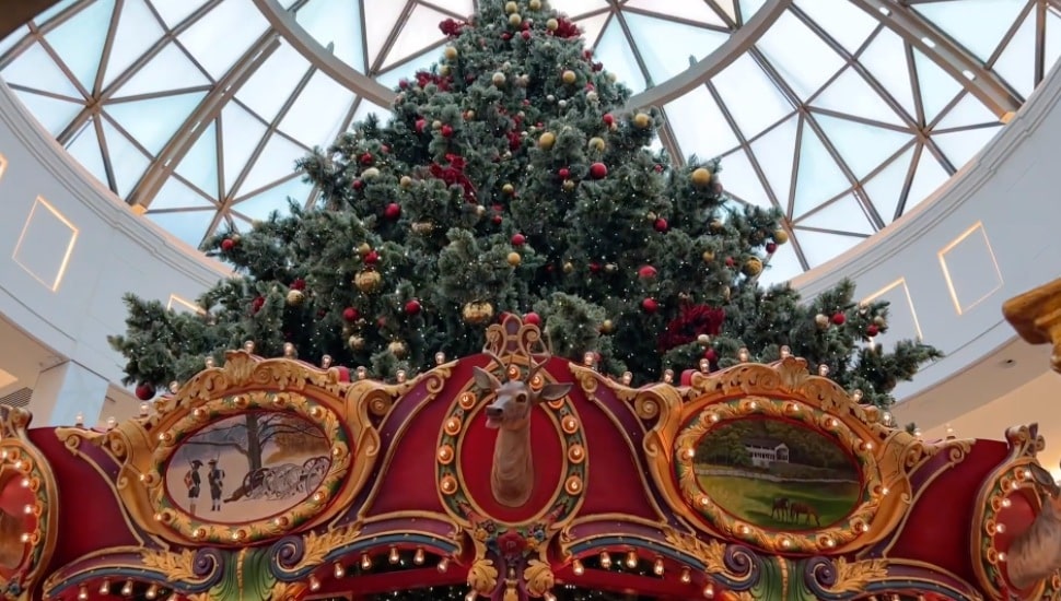 The giant Christmas tree and carousel decorations at the King of Prussia Mall.