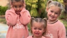 The three Kelce girls, Wyatt, Elliotte, and Bennett react to the news of a new baby sister on the way while wearing "Big Sister" T-shirts.