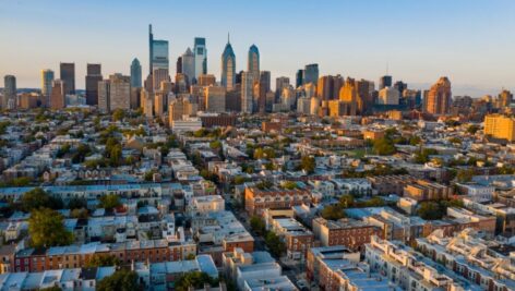 A view overlooking the homes and businesses of a Philadelphia neighborhood.