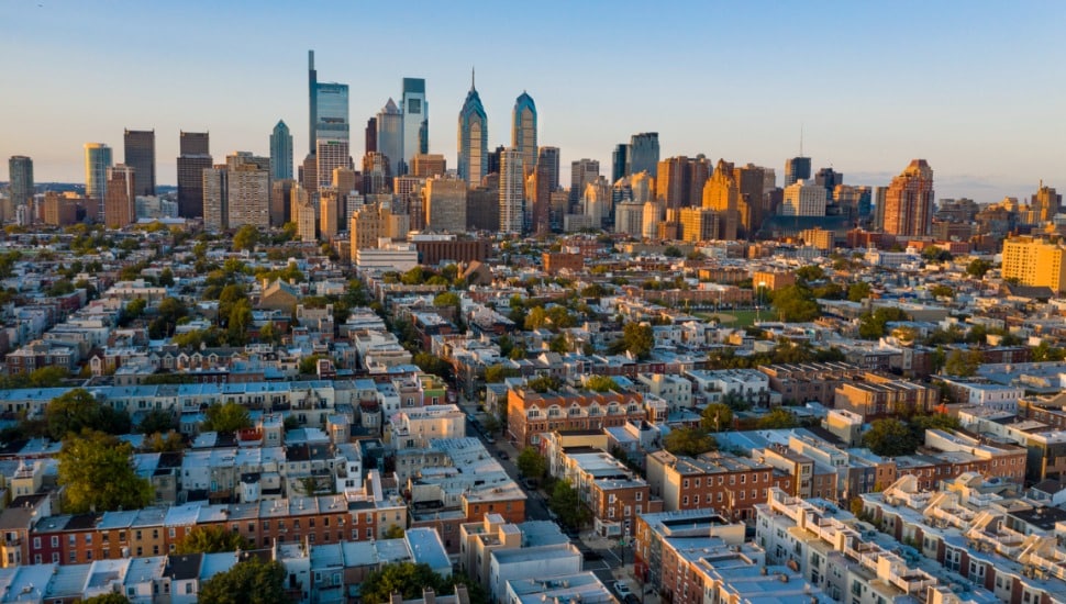 A view overlooking the homes and businesses of a Philadelphia neighborhood.