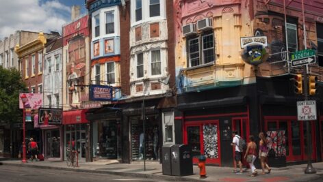 Storefronts along a Philadelphia street.