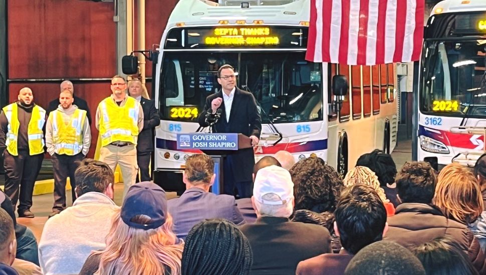 Pennsylvania Gov. Josh Shapiro at a press conference announcing new federal funding for SEPTA.