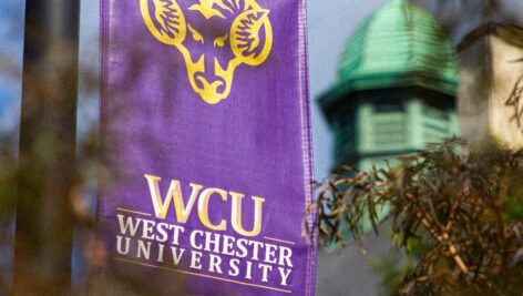 A West Chester University flag at the West Chester University campus.