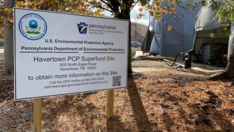 The sign at the Havertown PCP Superfund site near the current water treatment plant.