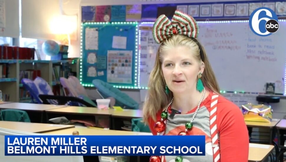 Belmont Hills Elementary School teacher Lauren Miller wears one of her festive holiday outfits in class.