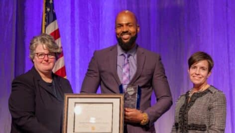 Pennsylvania Teacher of the Year Leon Smith (center) with Angela Fitterer (right) and Carrie Rowe.