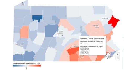 A Pennsylvania map o shows where population has gone up or down by county.