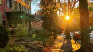 An historic home in a Chester County neighborhood during sunset.