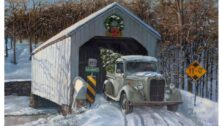 The iconic Loux Covered Bridge in Pipersville, now featured on a holiday greeting card.