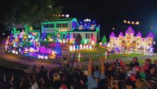 The night time holiday decorations of the Drelick property in Harleysvile.