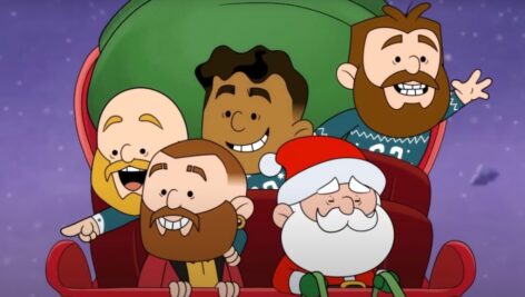 Philadelphia Eagles Jason Kelce, Lane Johnson and Jordan Mailata appear as cartoon characters with Santa on the album cover of A Philly Special Christmas Party.