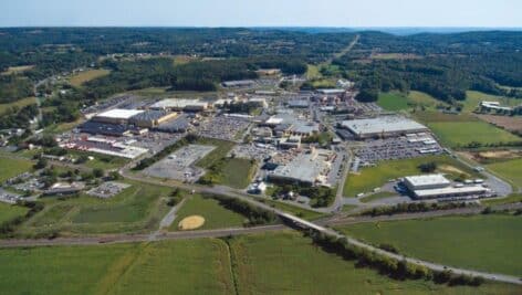 An aerial view of the East Penn battery manufacturing complex in Berks County.