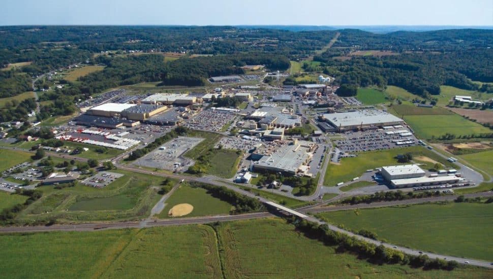 An aerial view of the East Penn battery manufacturing complex in Berks County.