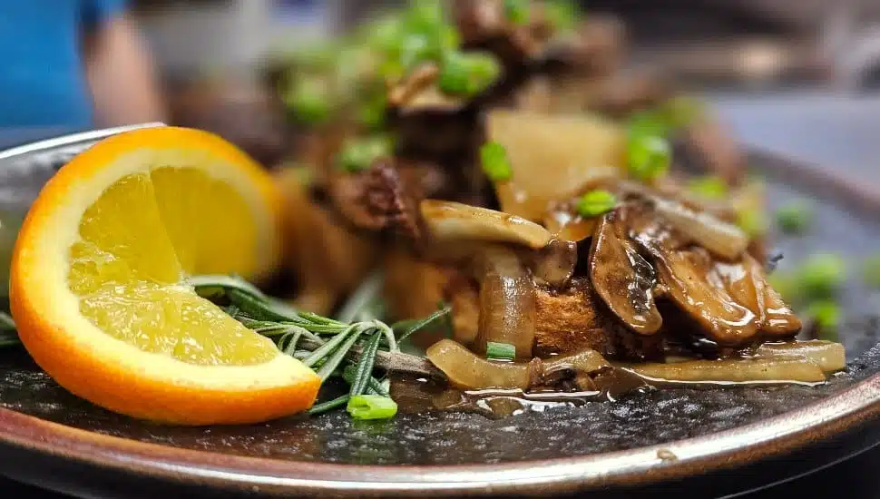 A close-up shot of a steak dish at Olde Mill Restaurant.