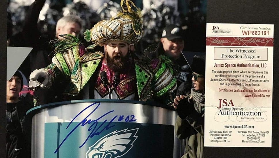 An example of a signed piece of Jason Kelce memorabilia available for sale on Amazon.