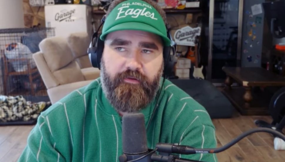 Jason Kelce in Eagles colors appearing on a New Heights podcast.