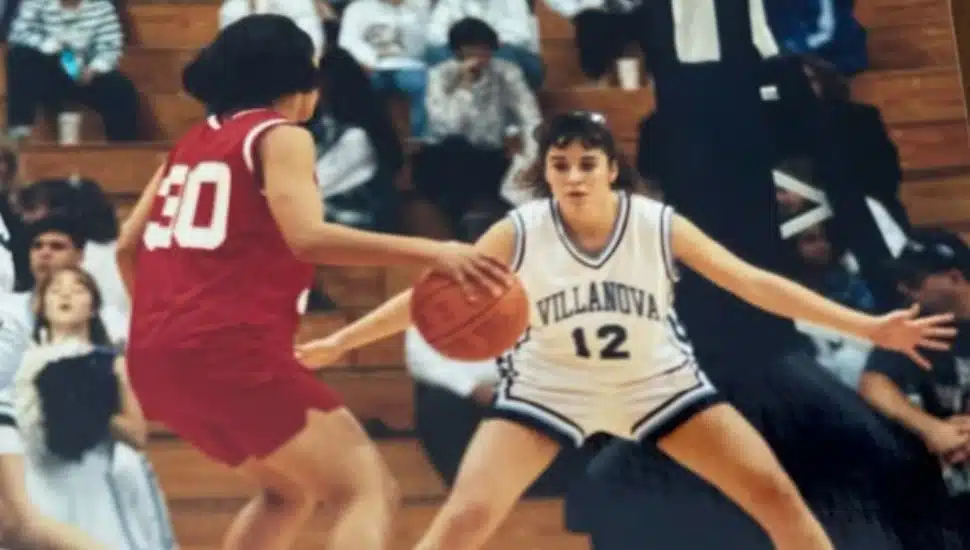 Michele Eberz (Thornton) on the court during a Villanova basketball game in the mid-90s.