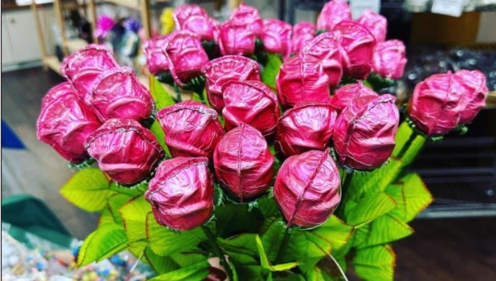 A bouquet of chocolate roses wrapped in foil.