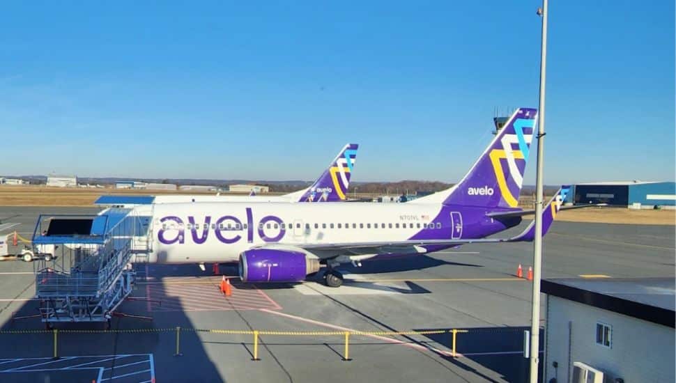 An Avelo Airline plane on the ground.