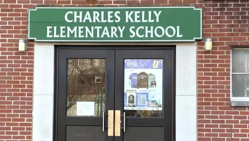A doorway entrance to the Charles Kelly School in Drexel Hill.