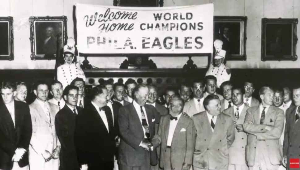 A large crowd gathers to welcome home the Philadelphia Eagles as World Champions.