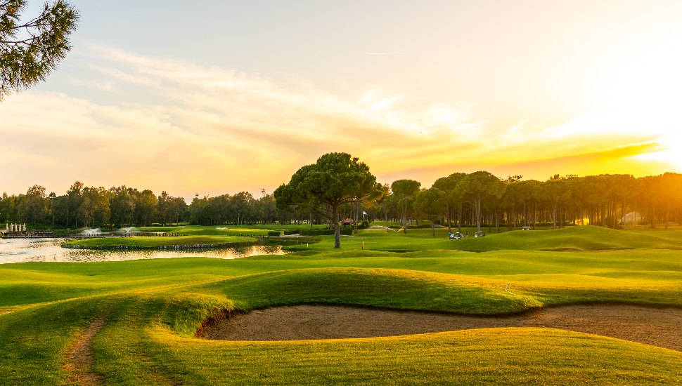 A view of a golf course at sunset.