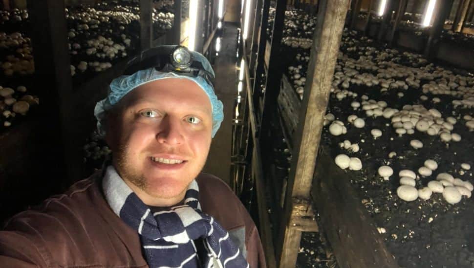 Mushroom researcher Luke Reynolds at a mushroom farm in Chester County.