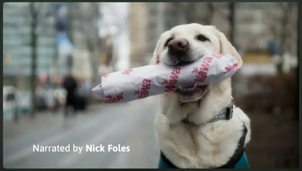 Dog holding wawa hoagie.
