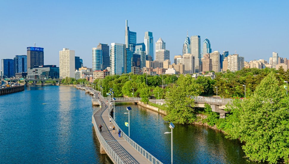 The Philadelphia skyline and greenery.