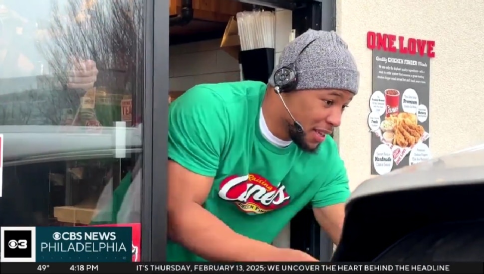 Saquon Barkley worked the drive-thru at Raising Cane in Feasterville-Trevose after the Super Bowl.