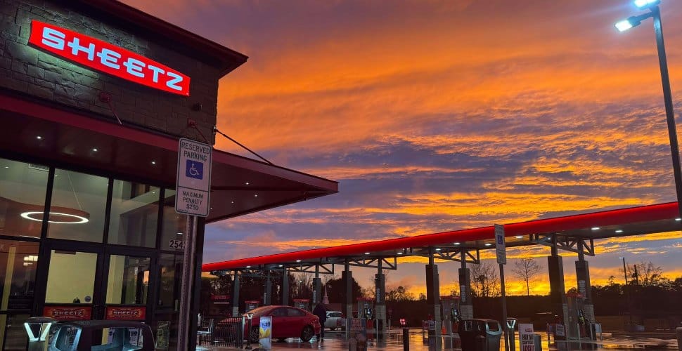 A Sheetz store at sunset.