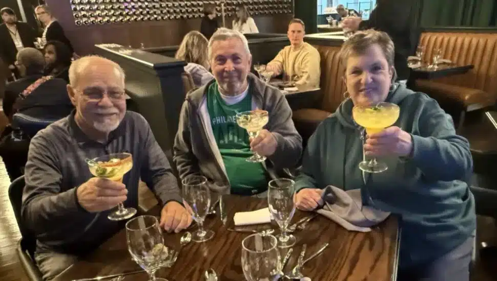 Jerry Dolente of Chadds Ford (left), and Chuck and Mary Lou Smith of Garnet Valley were the first to dine at the new T&T Backroom Steakhouse.