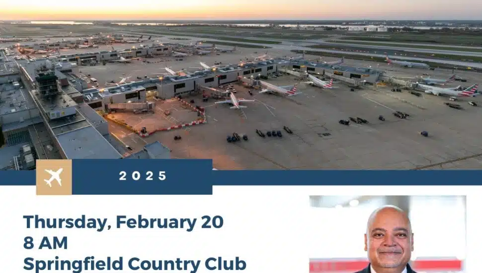 Delaware County Chamber of Commerce poster promoting a Feb. 20 State of the Airport event.