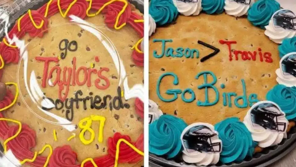 A Chiefs/Taylor Swift cookie cake (left) from the Havertown Acme that was replaced by the Eagles/Kelce cookie cake on the right.