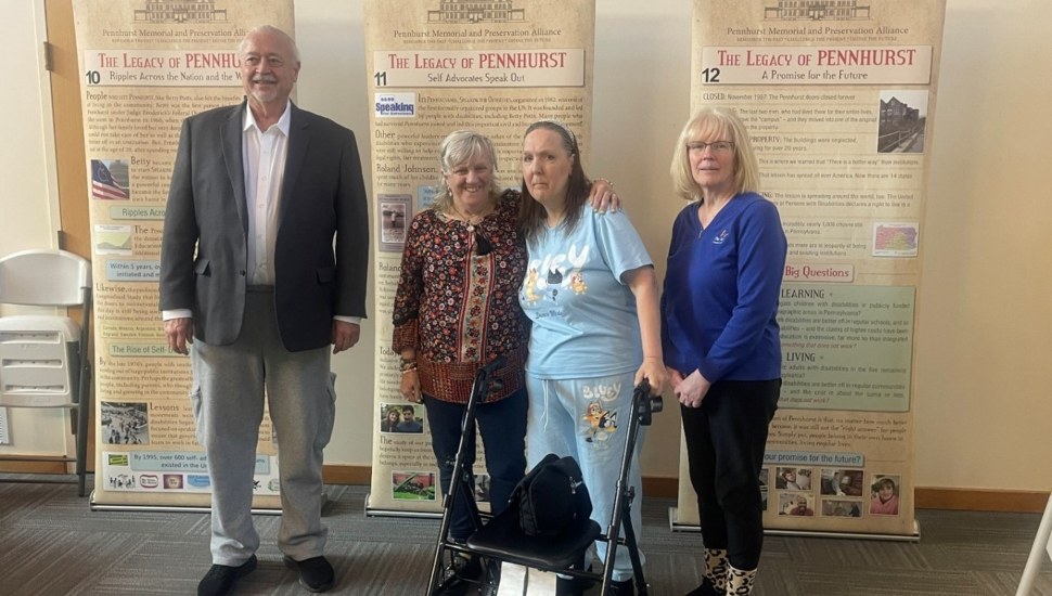 Pictured (From left): Jim Conroy, Co-President, Pennhurst Memorial & Preservation Alliance; Karen Hayes and Jean Searle, legal members of the Pennhurst Lawsuit Class; and Jeanne Meikrantz, Arc of Chester County CEO.