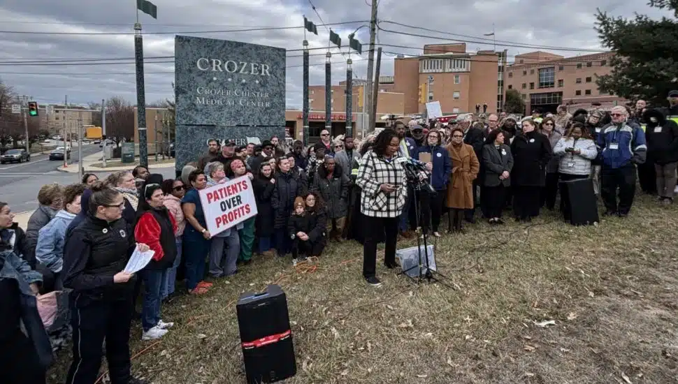 Delaware County Council Chair Dr. Monica Taylor speaks to the crowd at a Save Crozer Health rally outside Crozer-Chester Medical Center in Upland.