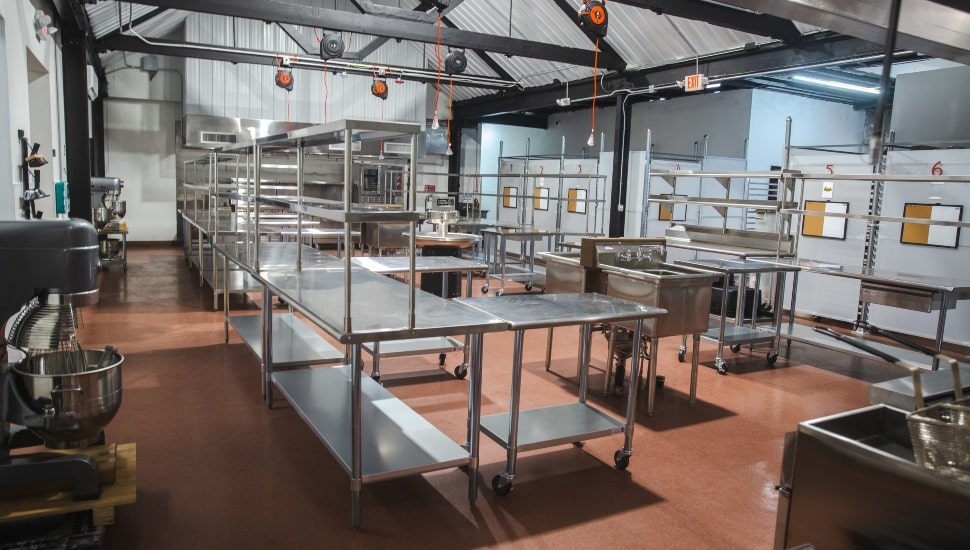 An empty industrial kitchen.