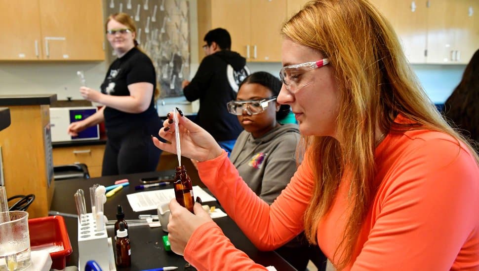 DCCC STEM students conduct lab experiments.