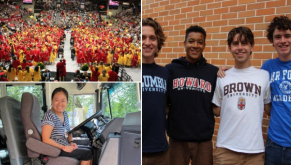 A collage of images from the Haverford School District, including a graduation, four high school students standing and a school bus driver.