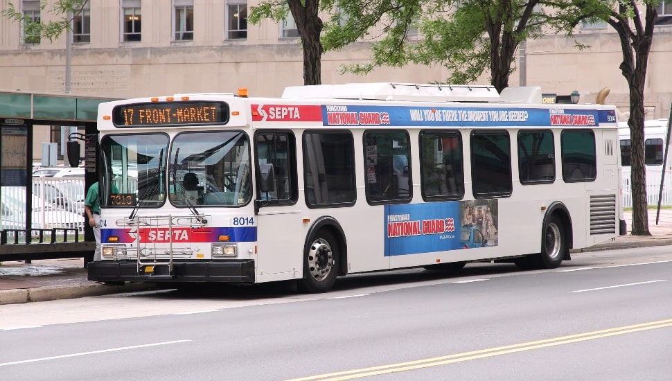A SEPTA bus traveling on a Philadelphia street.