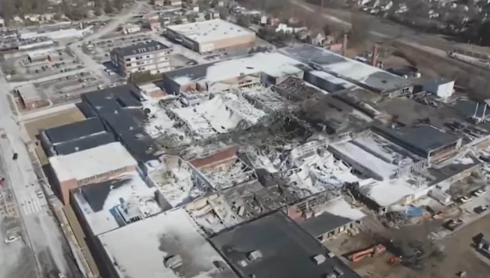 An aerial view of the SPS Technologies fire in Abington.