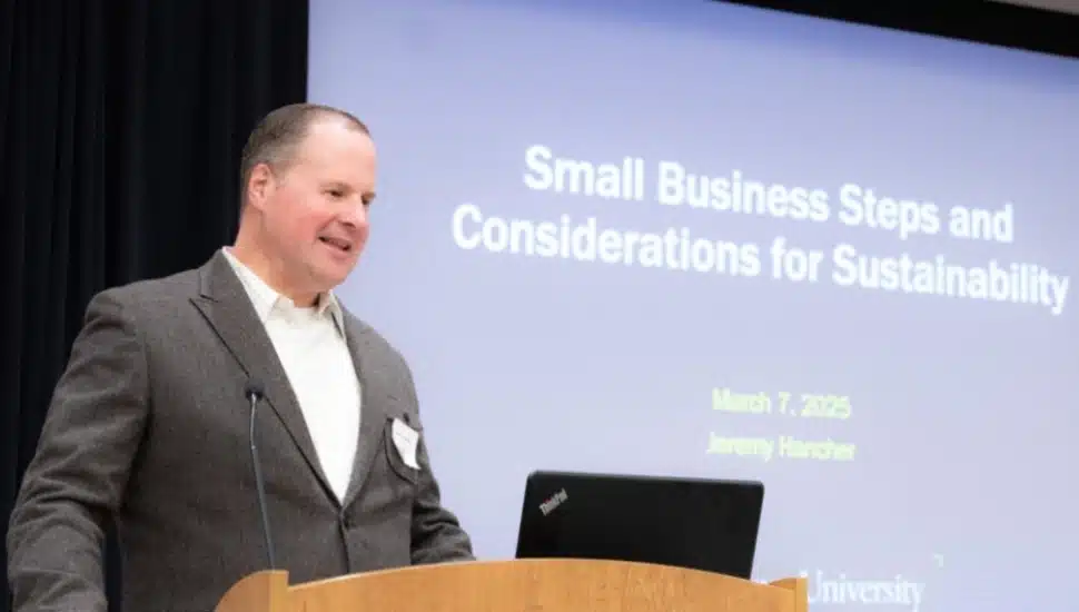 Jeremy Hancher, EMAP program manager at the Widener University Small Business Development Center, speaks at the Newtown Township Green Business Mini-Conference at Dunwoody Village.